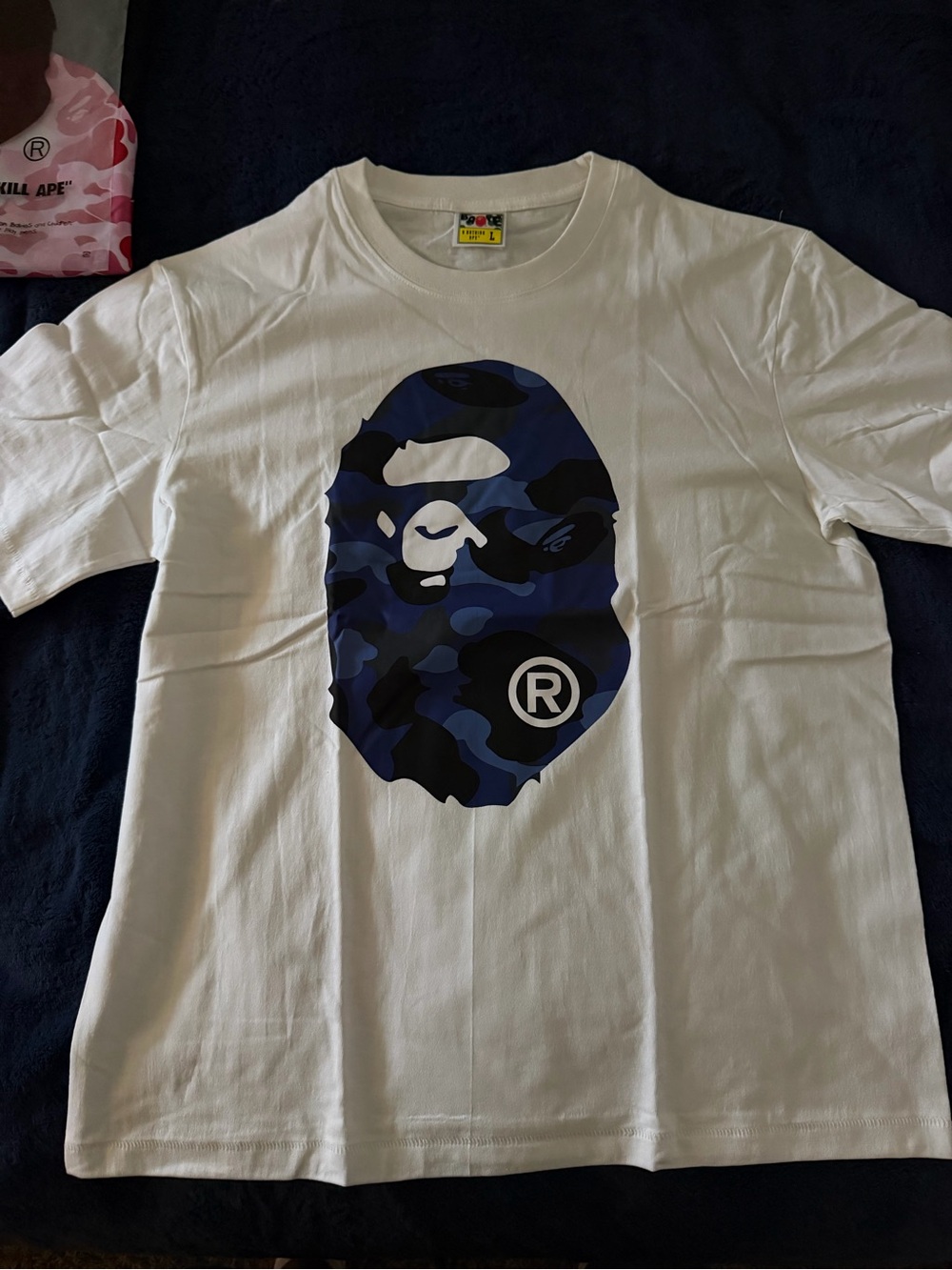 Bape White Tee with Blue Camo Ape Head